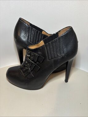 L.A.M.B. Black Leather High-Heel Ankle Booties with Buckle Straps